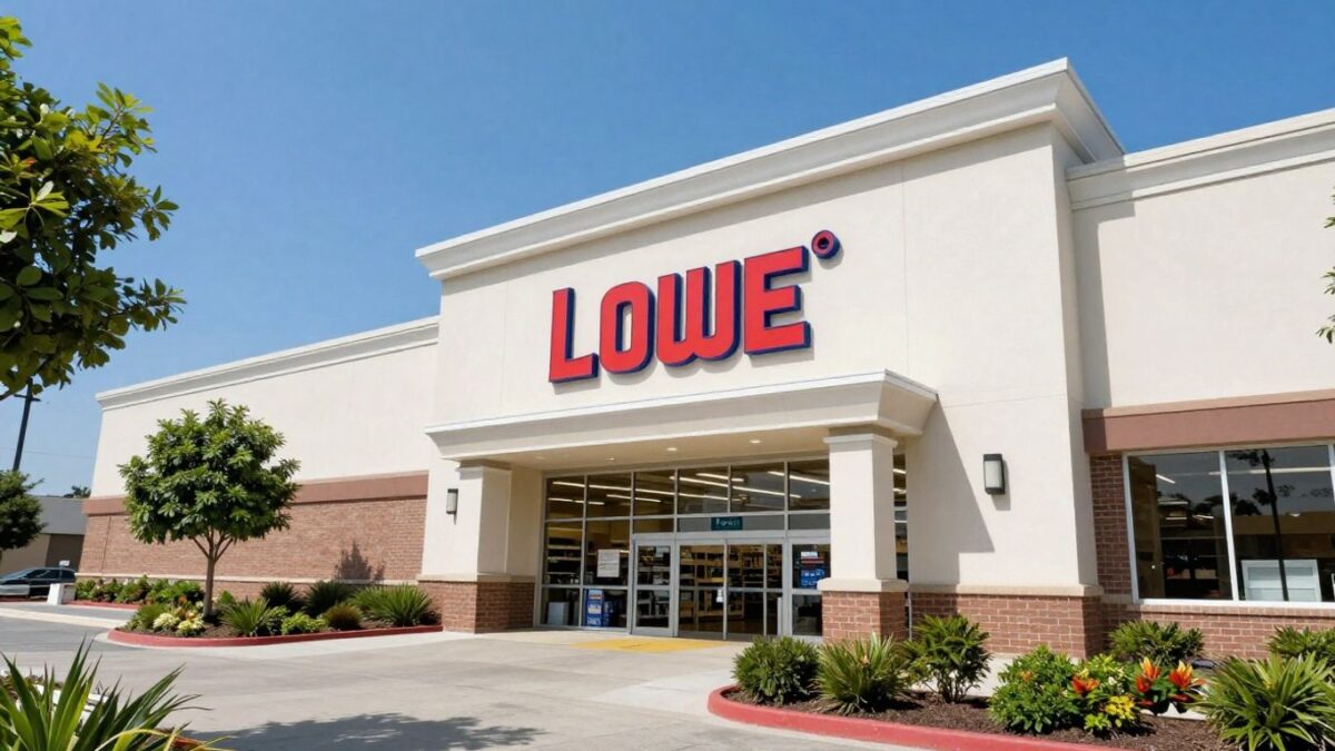 Lowe's store exterior with landscaping and blue sky.