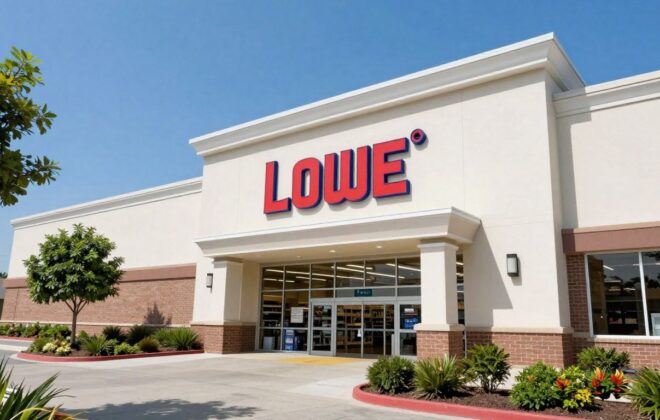 Lowe's store exterior with landscaping and blue sky.
