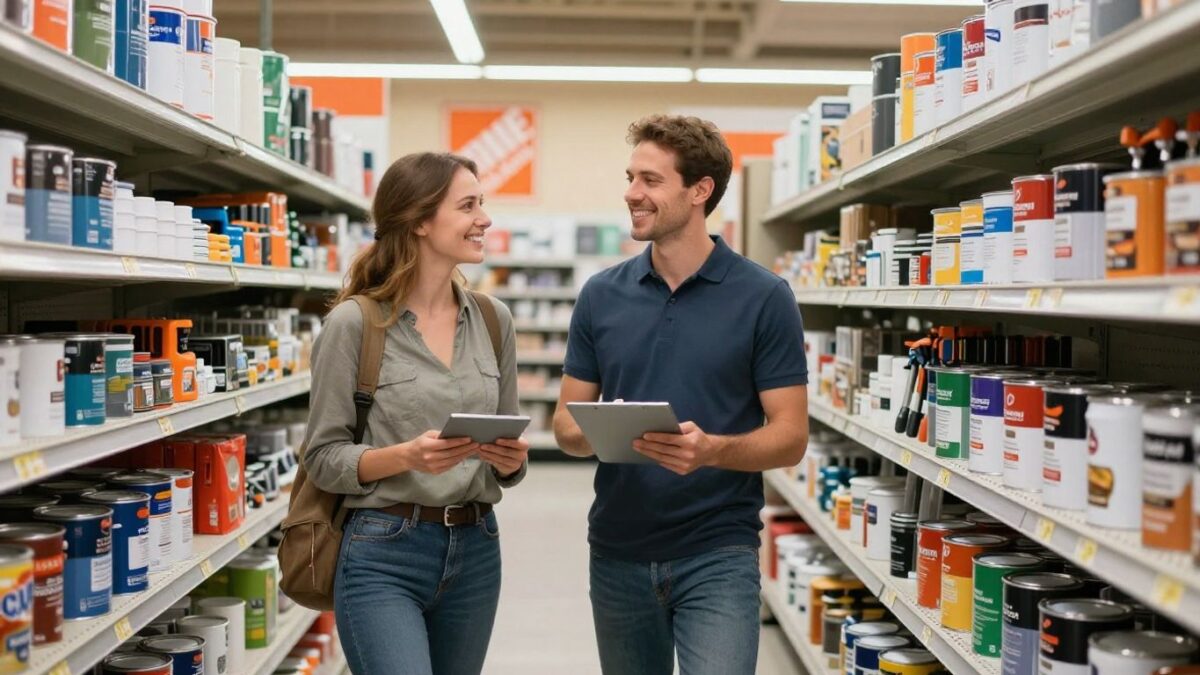 Home Depot employee helping customer in store aisle