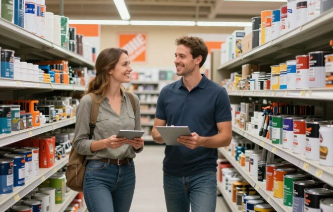 Home Depot employee helping customer in store aisle