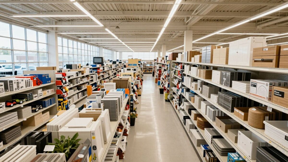 Expansive interior of a large home improvement store.