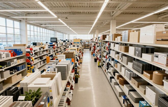 Expansive interior of a large home improvement store.