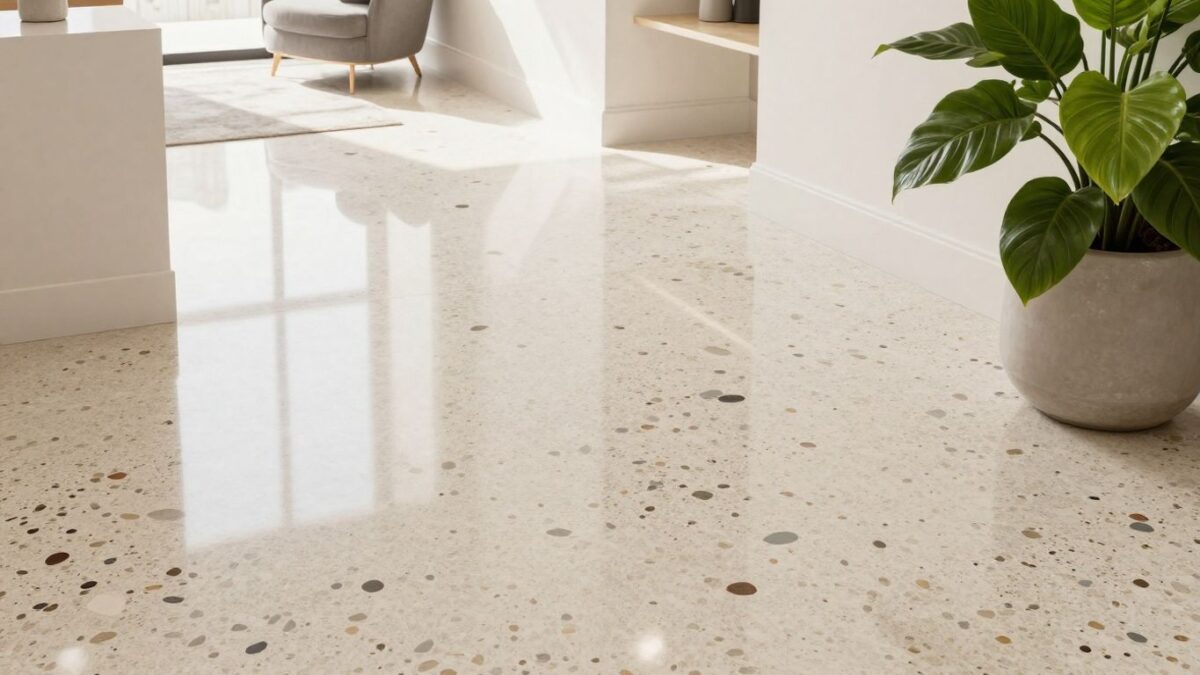 Polished terrazzo floor in a modern sunlit room