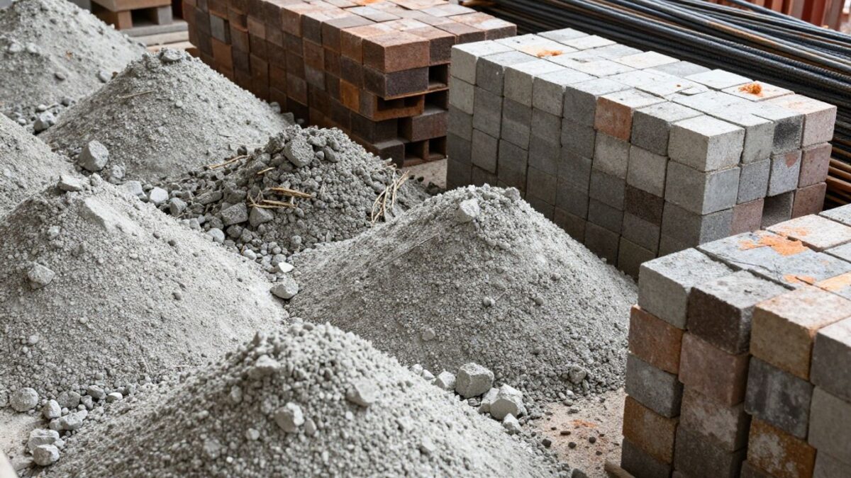 Foundation building materials: concrete, bricks, and rebar.