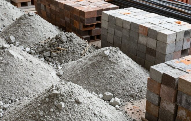 Foundation building materials: concrete, bricks, and rebar.