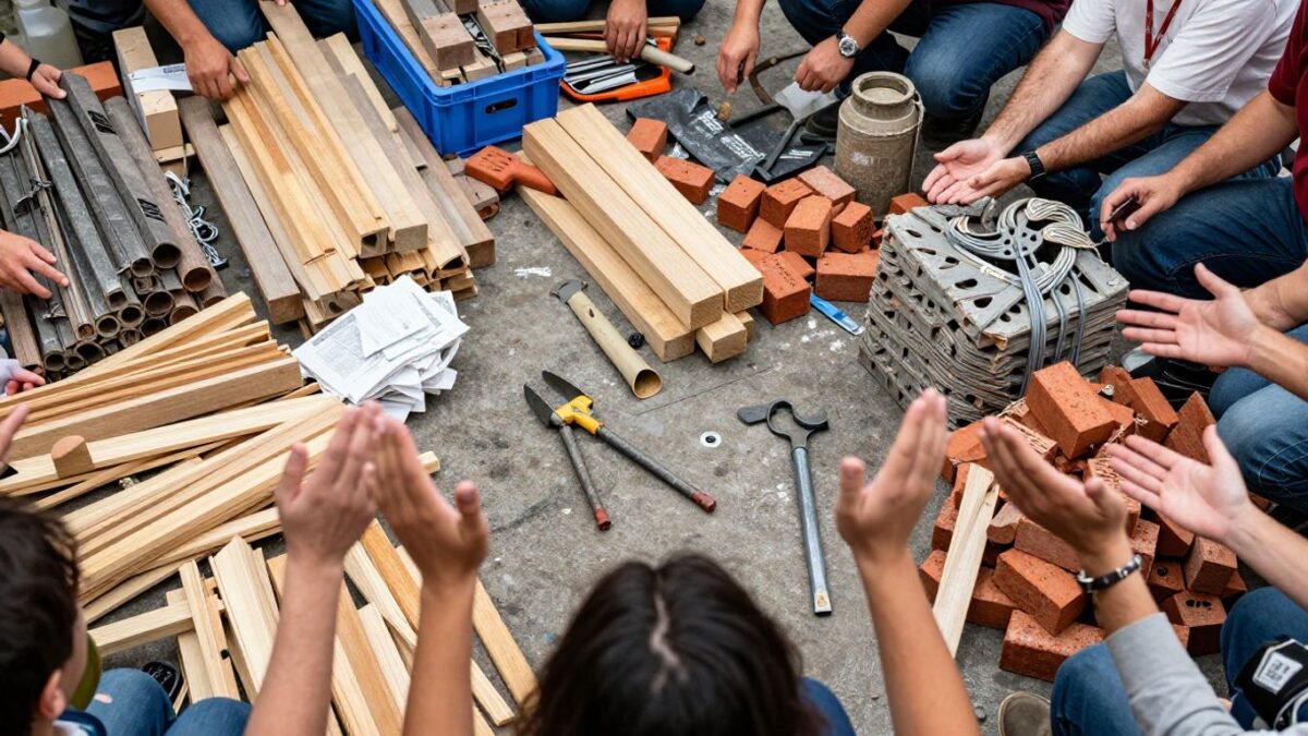 Building materials at an auction with hands raised.