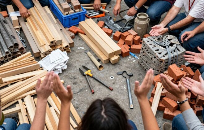 Building materials at an auction with hands raised.