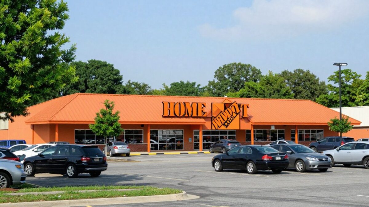 Home Depot store exterior with orange roof and parking lot.