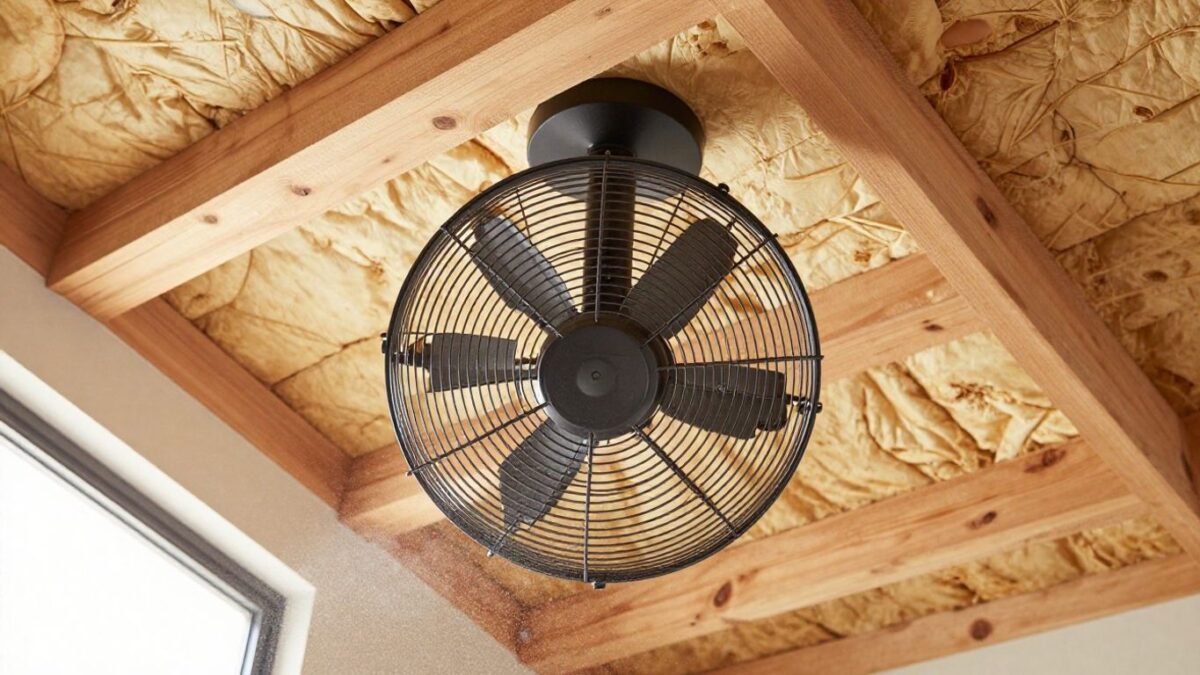 Attic fan installed in a bright, modern attic space.
